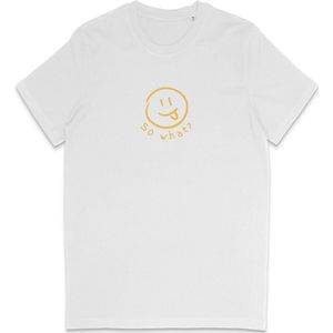 Grappig Heren Dames T Shirt So What? Nou En? - Minimalistische Smiley Print - Wit- XXL