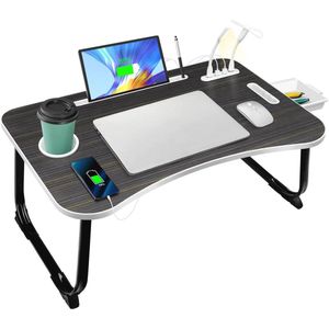 Opvouwbare Laptoptafel met USB-Laders, Lade en Bekerhouder - Ideaal voor Bed, Bank en Vloer (60 x 40 cm, Zwart)