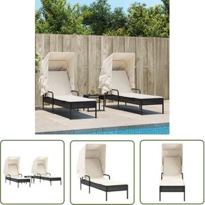 The Living Store Ligbedden 2 st met luifels en tafel poly rattan zwart - Ligbed - Lounge Chair - Tuinset - Buitendecoratie - Relaxstoel