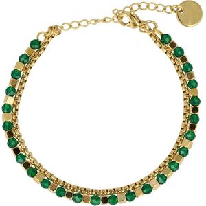 My Bendel Goudkleurige dubbele armband met groene glasstenen - Goudkleurige dubbele armband met groene glas stenen - Met luxe cadeauverpakking