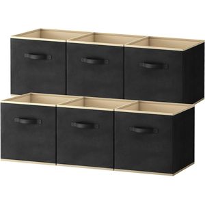 Inklapbare kubus opbergdozen - Decoratieve opbergmanden - Middelgrote opbergkratten - 6-pack - Open opbergkubussen met handgrepen - 33x38x33cm - Zwart