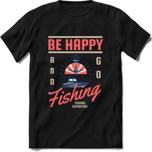 Be Happy Go Fishing - Vissen T-Shirt | Roze | Grappig Verjaardag Vis Hobby Cadeau Shirt | Dames - Heren - Unisex | Tshirt Hengelsport Kleding Kado - Zwart - XXL