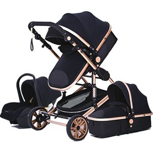 Hoobi® Luxe kinderwagen 3 in 1 - Buggy - Kinderwagen met stoel en wieg – Wandelwagen - Hoge Kwaliteit – Zwart/Goud