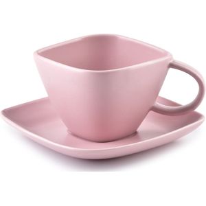 Affekdesign Happy koffie of thee kop met schotel diamant vormig 200 ml roze - Koffiekopje of theekopje met schotel - Matte poeder roze kleur - 200ml