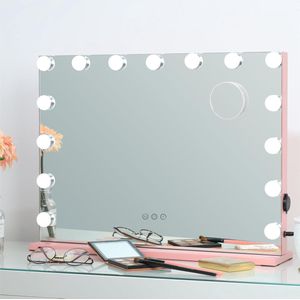Grote Make-up Spiegel met Verlichting - Verlichte Spiegel met 15 Dimbare Lampen - Tafelblad of Wandmontage - Hollywood Stijl Grote Kaptafel Spiegel met 3 Gekleurde Lampen - Roze