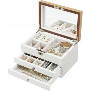 Sieradendoos, 3-laags juwelendoos, houten juwelendoos, juwelenopberger, juwelendoos, met lades, voor ringen, oorbellen, armbanden en kettingen, wit