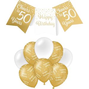 Paperdreams Luxe 50 jaar/Happy Birthday feestversiering set - Ballonnen & vlaggenlijnen - wit/goud