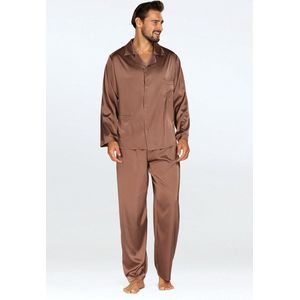 Elegante satijnen herenpyjama -Satijn pyjama heren met knoopsluiting - Lange Mouw Lange Broek pyjama - DKaren Noah - Bruin M