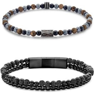 Frank 1967 7FR-SET043 Armbanden Set - 2 Armbanden - Cadeau voor hem - 20 cm - Fashion - Stoer - Zwart - Bruin