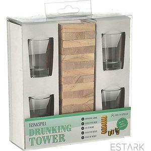 ESTARK® Drankspel - Jenga - Stapeltoren - Shotjes - Drinkspel - Spel - Drunken / Tipsy Tower - Drinkspel - Gezelschapsspel Voor Volwassenen - Drank Spel - Incl 4 Glazen Shot Cups - Hout 16cm