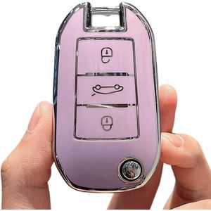 Zachte TPU Sleutelcover - Sleutelhoesje Geschikt voor Peugeot 208 / 308 / 408 / 508 / 2008 / 3008 / 4008 / 5008 / Citroën C3 / C4 / C6 / C8 / Cactus - Paars met Zilver - Key Cover - Auto Accessoires