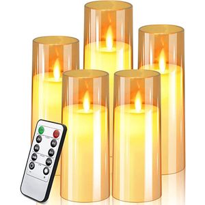 LED-kaarsen - met afstandsbediening en timer - LED-knipperende kaarsen van plexiglas met bewegende vlammen, 5 stuks -Goud