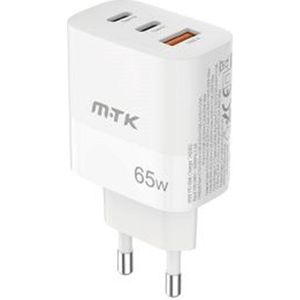 M.TK 65W lader met 2x USB-C en 1x USB-A | 3-poort Oplader 65W/3.25A GaN | USB-C Snelle oplader 65W - Wit kleur