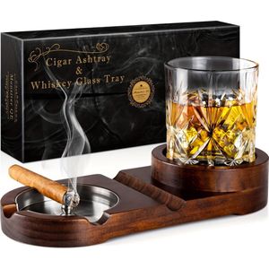 Beroli - Geschenkset voor mannen - Whiskey Glas en Sigarenhouder - Asbak voor Binnen En Buiten - Houten Asbak - Luxe Asbak Voor -Sigarenaccessoire - Luxe Decoratie Voor Thuis - Cadeau voor vaderdag