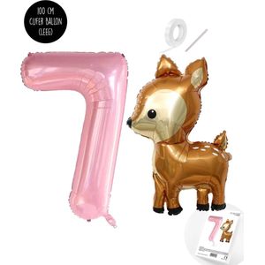 Snoes - Bambi Basis ballon set XXL Cijferballon Baby Pink 7 - Lief Hert + Cijfer Ballon 7 Jaar - Helium Geschikt