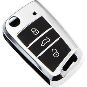 Zachte TPU Sleutelcover - Metallic Chroom Zilver - Sleutelhoesje Geschikt voor Volkswagen Polo / Golf / 2014 - 2021 / Seat Leon / Seat Ibiza / Golf GTI / Golf R / Golf 7 / Skoda - Sleutel Hoesje Cover - Auto Accessoires