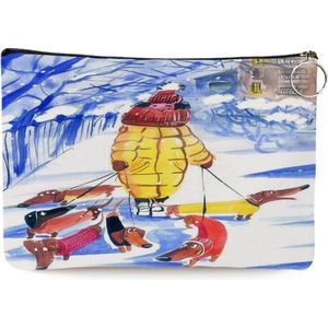 Teckel - etui - toilettas - make-up tas - tas - linnen - wit - hond - 25x17cm - vrouw met teckels in sneeuw