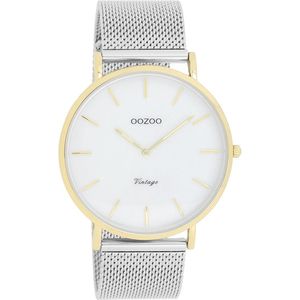 OOZOO Timepieces - Goudkleurige horloge met zilverkleurige metalen mesh armband - C20119