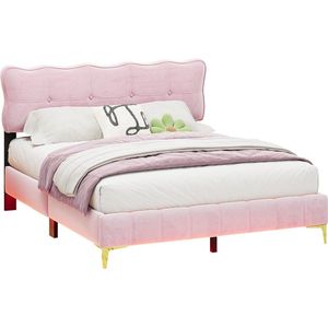 Merax Queensize Tweepersoonsbed 160x200 cm met LED-Verlichting - Fluweel Gestoffeerd Bed met Hoofdbord en Metalen Poten - Roze