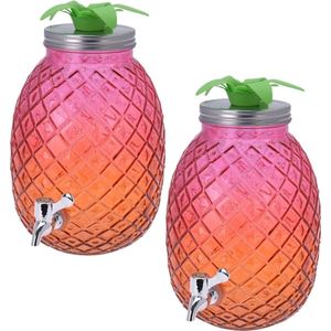 2x Stuks glazen drank dispenser ananas roze/oranje 4,7 liter - Dranken serveren - Drankdispensers