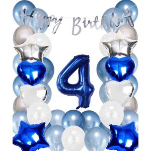 Snoes Ballonnen 4 Jaar Set Mega Blauw Zilver Ballon - Compleet Feestpakket Cijferballon 4 Jaar - Verjaardag Versiering Slinger Happy Birthday – Folieballon – Latex Ballonnen - Helium Ballonnen