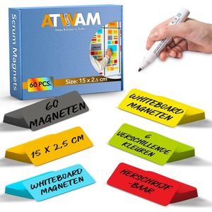 ATWAM Scrum Magneten - 60 stuks - Voor Whiteboard, Magneetbord, Memobord of Magnetisch Tekenbord – Herschrijfbare Magneten op Koelkast - Post It Notes – Kanban - 15 cm Breed x 2,5 cm Lang - 6 Kleuren