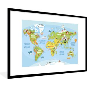 Wereldkaart - Kinderen - Dieren - Schoolplaat - Kinderkamer - 90x60 cm