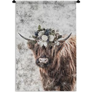 Wandkleed Schotse HooglanderKerst illustraties - Schotse hooglander met een bloemenkroon Wandkleed katoen 60x90 cm - Wandtapijt met foto