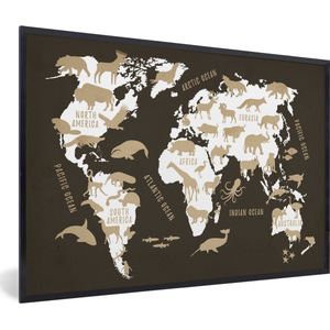 Fotolijst incl. Poster - Wereldkaart - Dieren - Beige - 120x80 cm - Posterlijst