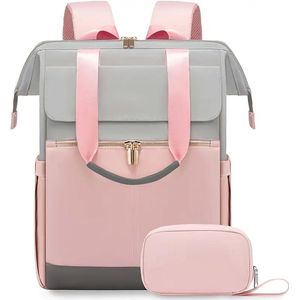 Ultiluxe® Rugzak met tasje - 2 stuks - Grijs/roze - 40 x 31 x 15 cm - Laptoptas voor 15.6 inch laptop - Waterbestendig - Rugtas voor dames/meiden - Portemonnee, make-uptas, handtas - 2-delige set met kleine tas