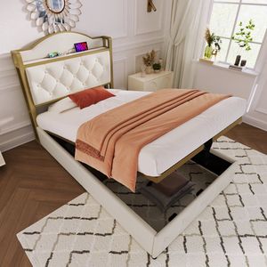 Sweiko Gestoffeerd bed met USB Type C oplaadfunctie, eenpersoonsbed 90 x 200cm Opslagbed met metalen frame lattenboden, Licht Beige (zonder matras)