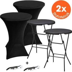 Lenx 2x Zwarte Statafel - Set van 2 - ø80x110 cm - Inclusief 2x Zwarte Statafelrok en 2x Wijnopener - Statafels - Inklapbaar - Cocktailtafel - Hoge Staan Tafel - Staantafel - Partytafel - Zwart