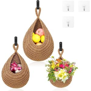 Set van 3 hangmandjes voor keuken, wandmand, hangmandje, natuurlijk katoenen touw, handgeweven fruitmand hangend, hangmanden, plantenmand, hangende mand, groenten en fruit, opslag voor keuken