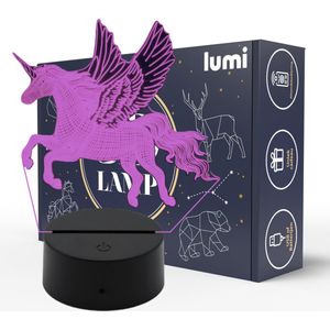 Lumi 3D Lamp - 16 kleuren - Eenhoorn - Unicorn - Dieren - LED Illusie - Bureaulamp - Nachtlampje - Sfeerlamp - Dimbaar - USB of Batterijen - Afstandsbediening - Cadeau voor meisjes - Kinderen