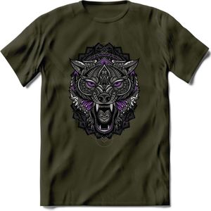 Wolf - Dieren Mandala T-Shirt | Paars | Grappig Verjaardag Zentangle Dierenkop Cadeau Shirt | Dames - Heren - Unisex | Wildlife Tshirt Kleding Kado | - Leger Groen - L