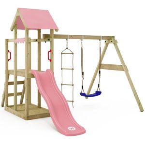 WICKEY speeltoestel klimtoestel TinyPlace met schommel en pastelroze glijbaan, outdoor speeltoestel voor kinderen met zandbak, ladder & speelaccessoires voor de tuin