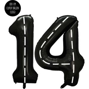 Cijfer Helium Folie Ballon XXL - 14 jaar cijfer - Zwart - Wit - Race Thema - Formule1 - 100 cm - Snoes