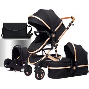De Fleur - kinderwagen 3 in1 - baby wagen - baby stroller - baby buggy combi -opvouwbaar - Incl. draagbare mand + autostoel - omkeerbare hoge zitplaats - verstelbare zonnescherm luifel - t/m 3 jaar - Kleur Zwart - schokabsorberende dempers