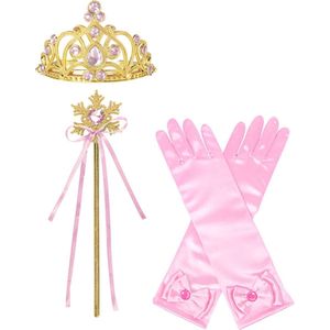 Het Betere Merk - Prinsessen Speelgoed - Prinses Kroon (Tiara) - Toverstaf - Prinsessen Handschoenen - Voor bij je Verkleedkleding - Roze - Goud