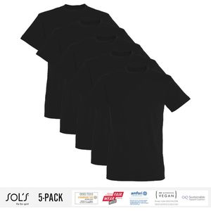 5 Pack Sol's Jongens/Meisjes T-Shirt 100% biologisch katoen Ronde hals Zwart Maat 96/104 (3/4 Jaar)