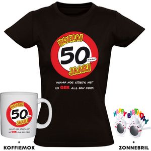 Hoera 50 jaar Dames T-shirt + Koffiemok + Happy birthday bril - 50e verjaardag - feest - grappig - verjaardag - cadeau