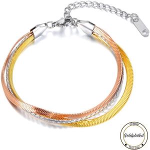 Soraro Platte 3-Delige Bi Color Schakel Armband Dun | Goudkleurig,Rosekleurig & Zilverkleurig | Goldplated | 16+5 CM | Dames Armband | Cadeau Haar | Haar Armband | Cadeau voor Haar