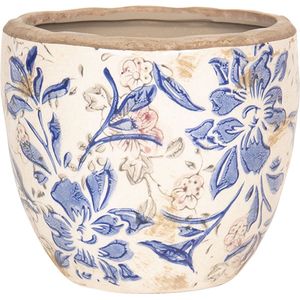 Clayre & Eef Bloempot Ø 18x17 cm Blauw Beige Keramiek Rond Bloemen Bloempot binnen