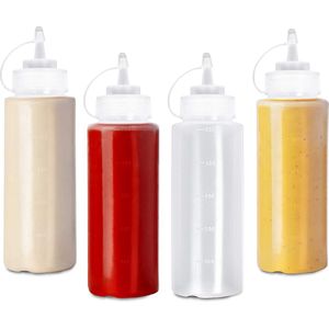 MATANA 4 Stuks Knijpflessen, Sausfles, Plastic Flessen met Dop (500ml) - Ketchup, Mosterd, Sauzen, Olie, Dressings - Lekvrij & BPA-Vrij