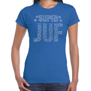 Glitter Super Juf t-shirt blauw met steentjes/ rhinestones voor dames - Lerares cadeau shirts - Glitter kleding/foute party outfit XS