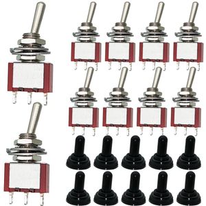 10 stuks miniatuur 3-polige 2-positie momentane tuimelschakelaar met zelfborgend paneel van 6 mm SPDT, waterdichte kap M6 AC125V 6A (250V/3A)