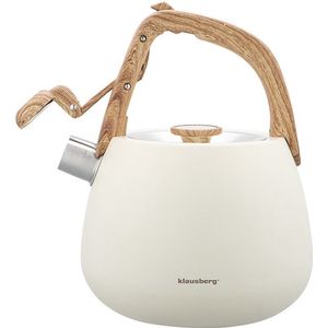 Klausberg 7775 - Fluitketel met fluit - 2.5 liter - RVS - Wit met houten handgreep