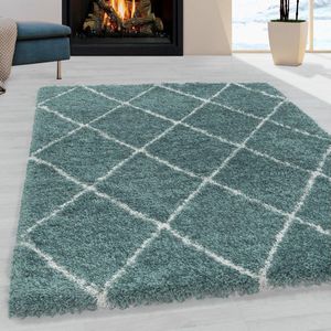 Flycarpets Azure Blauw / Turquoise Vloerkleed Geruit - Hoogpolig - Woonkamer - 80x150 cm