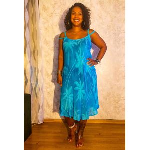 Dames jurk Nettie gebloemd motief turquoise blauw sky blue mystic maat 36-46 strandjurk