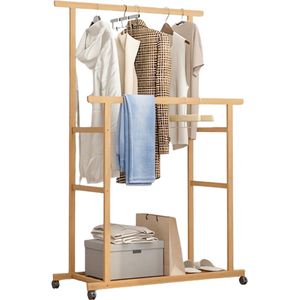 Roroa® Bamboe Kledingrek - Kledinghangers - Kledingrek op wieltjes - Kledingrek met schoenenrek - Kledingrek Hout - 80x40x160 - Kledinghangers - Schoenenrek - Garderoberek